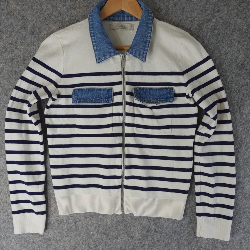 LOFT Cream and Navy Striped Zip-Up Cardigan with Denim Collar